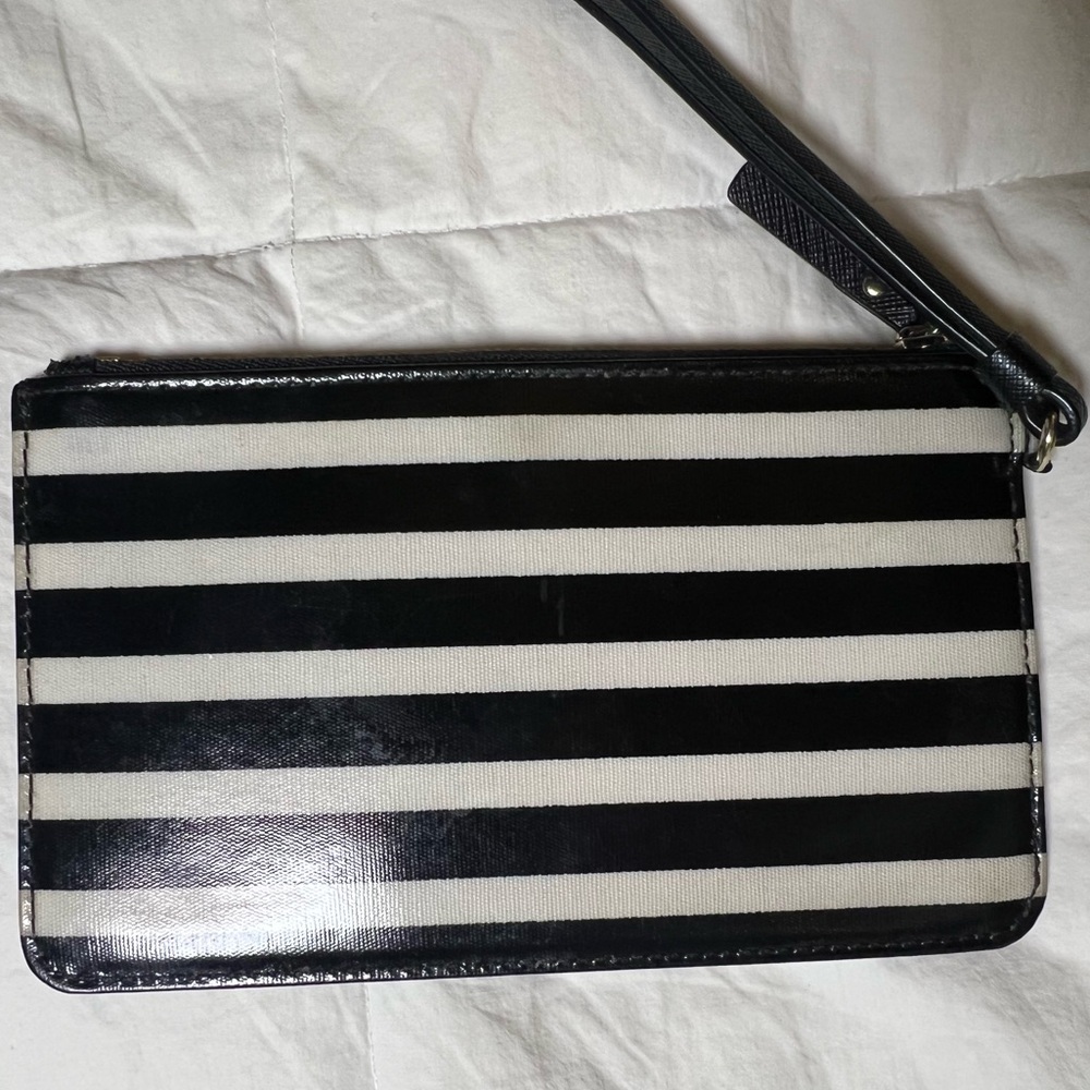 Kate Spade NY Floral Stripe Slim Wristlet Pouch Zip Clutch Black Blue - Picture 3 of 11